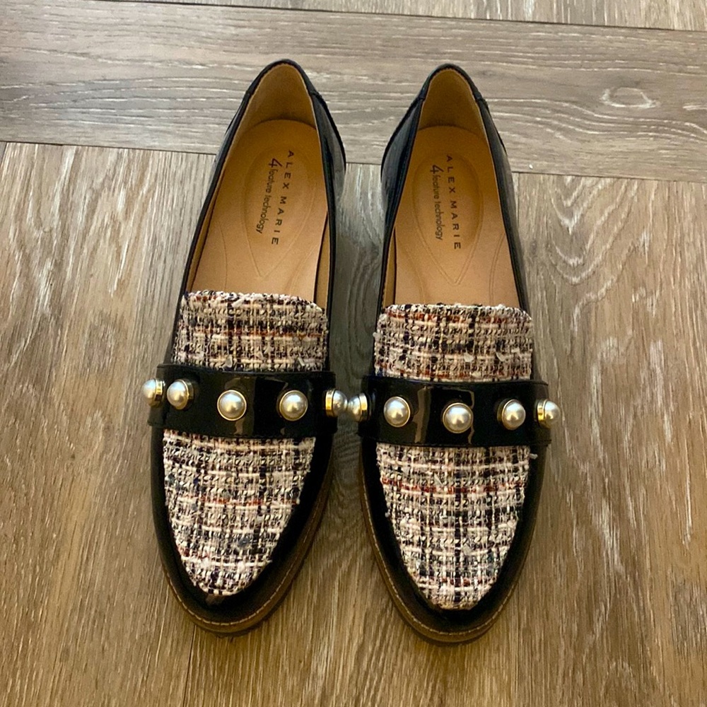 Alex Marie Tweed Patent Pearl Loafers WIDE